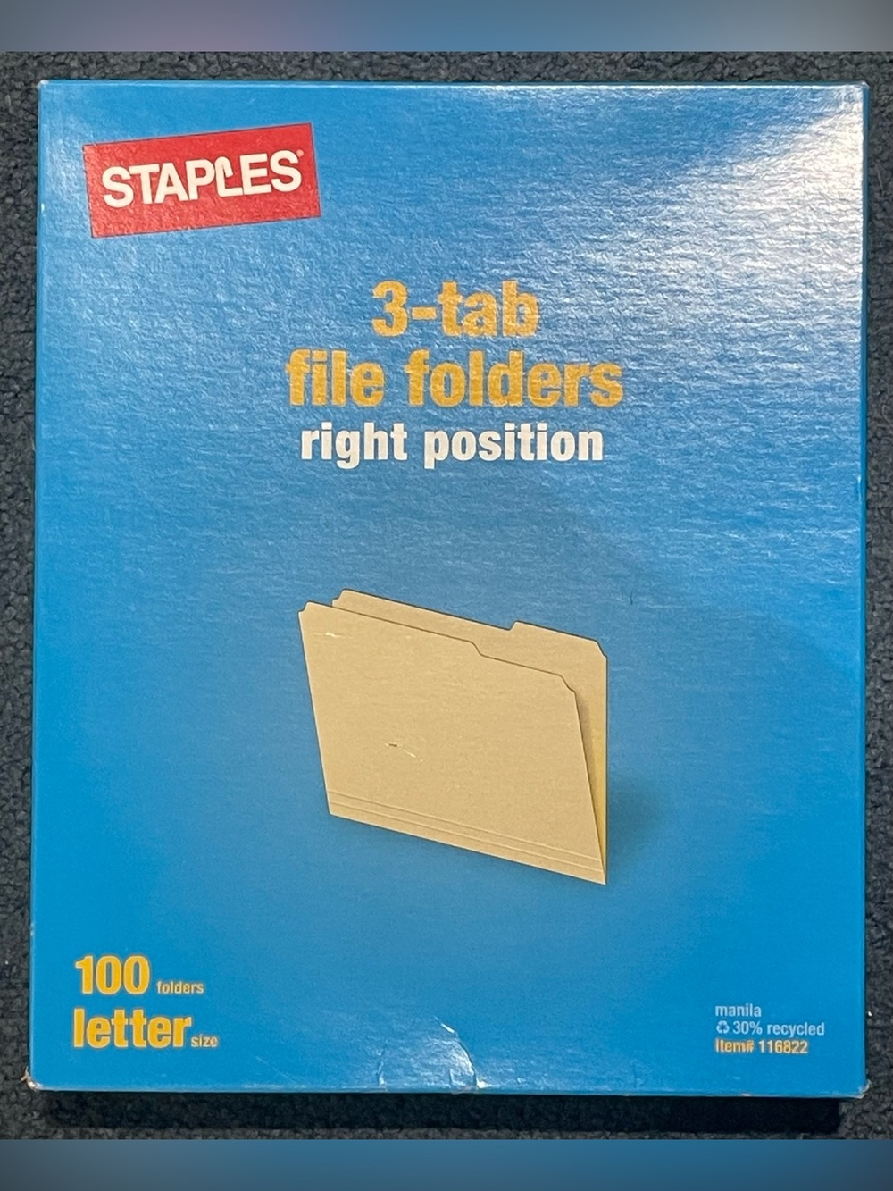 Staples Manila 3-Tab File Folders Right Position– Beige (100 Count)